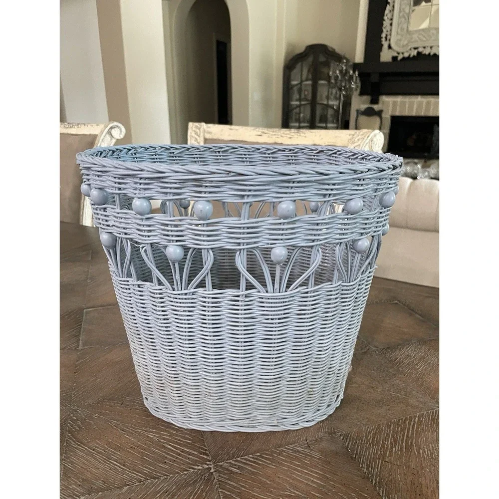 Vintage Blue Bead Wicker Rattan Woven Waste Basket Trash Can Bin